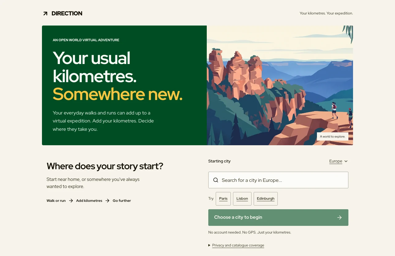 Direction landing page, headlined 'Your usual kilometres. Somewhere new.', with an illustrated mountain landscape and a starting-city picker.