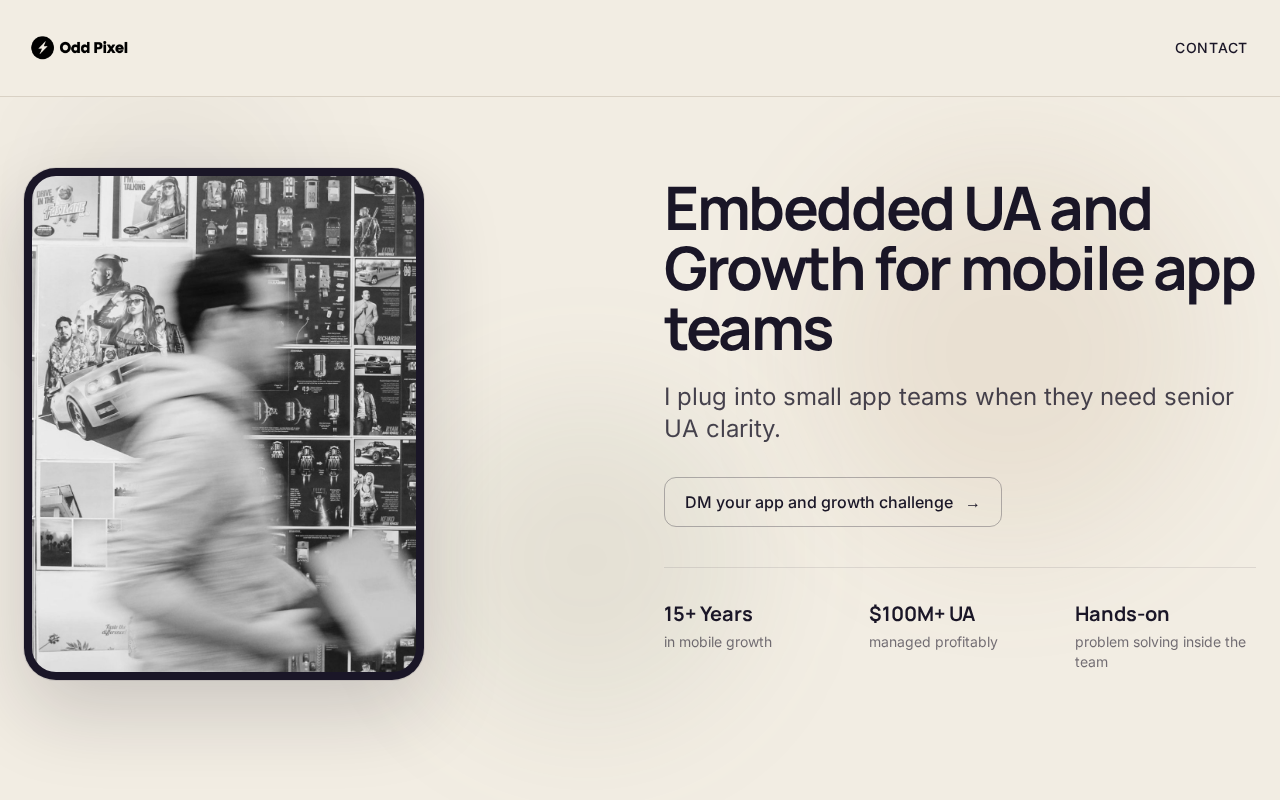 Desktop homepage of Odd Pixel, headlined 'Embedded UA and Growth for mobile app teams', beside a black and white photograph of a person walking past a poster wall.